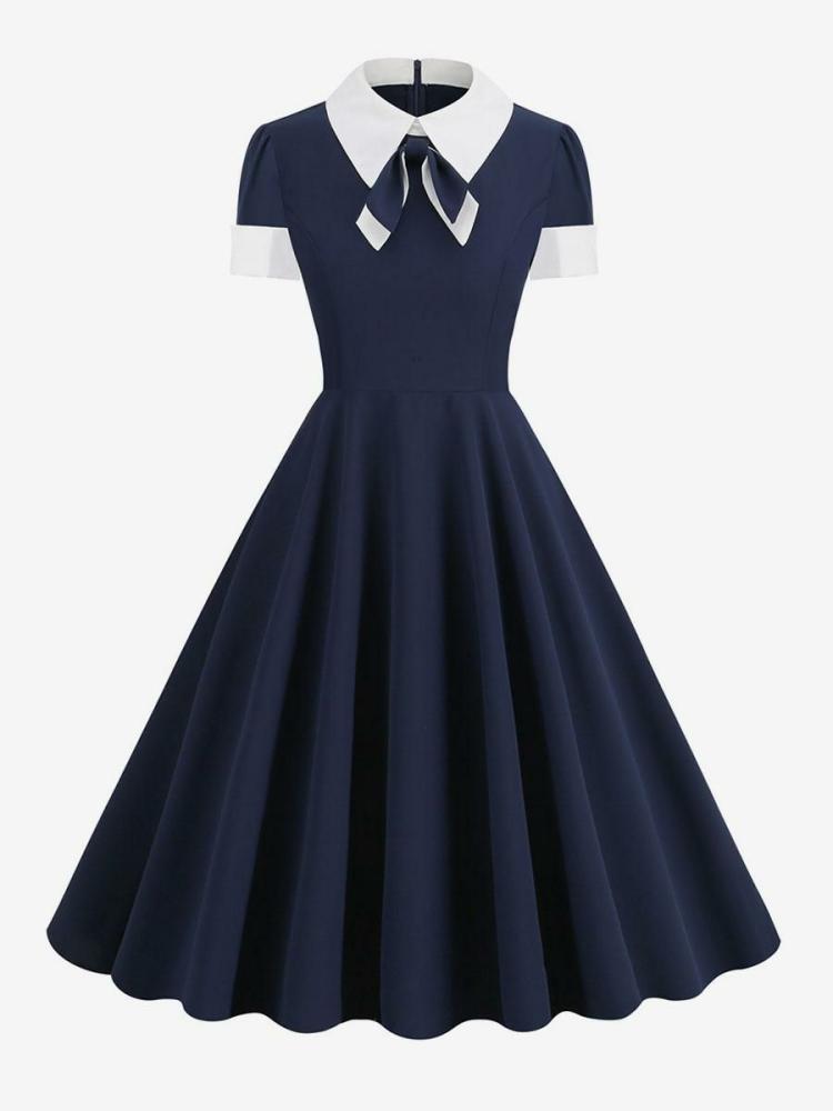 Dresses |   Retro Dress 1950s Audrey Hepburn Style Peter Pan Collar Short Sleeves Woman's Medium Two-Tone Swing Dress