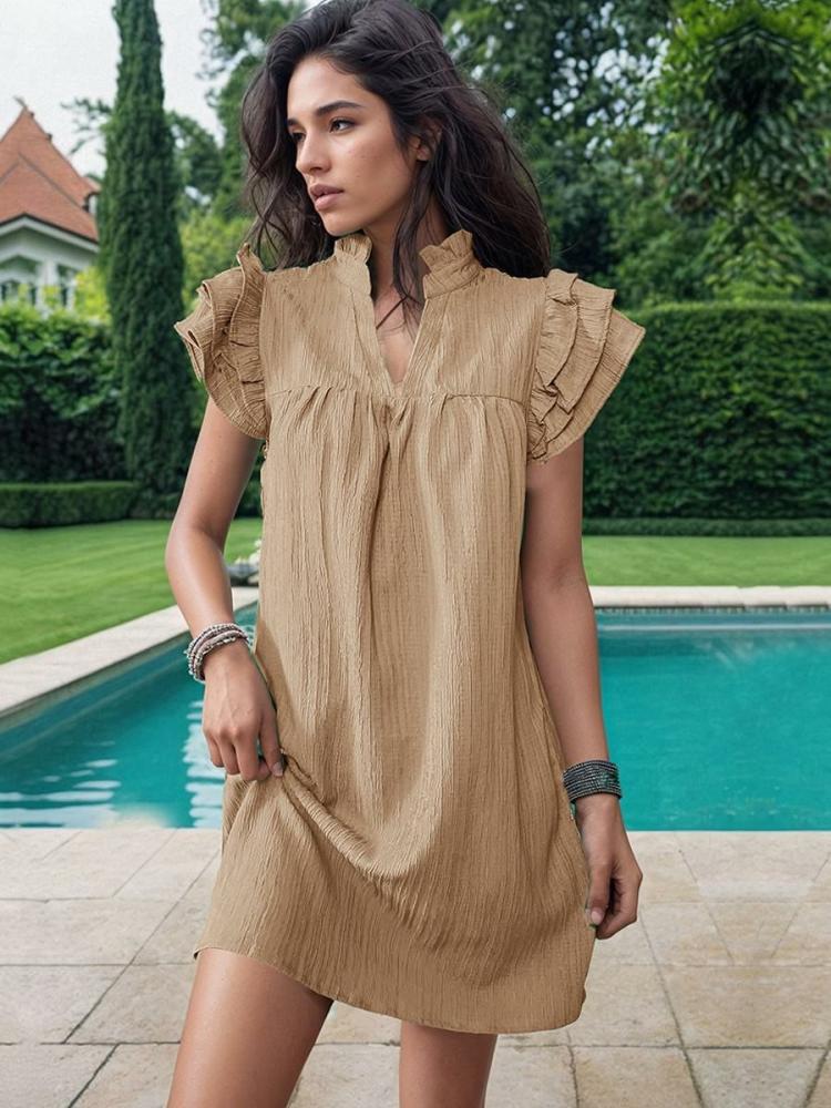 Dresses |   Shift Dresses V-Neck Textured Ruffles Sleeves Daily Casual Dress