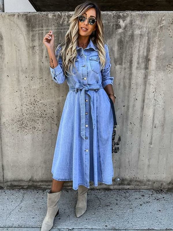 Dresses |   Skater Dresses Turndown Collar Long Sleeves Buttons Oversized Casual Maxi Fit And Flare Dress Clothing Dresses